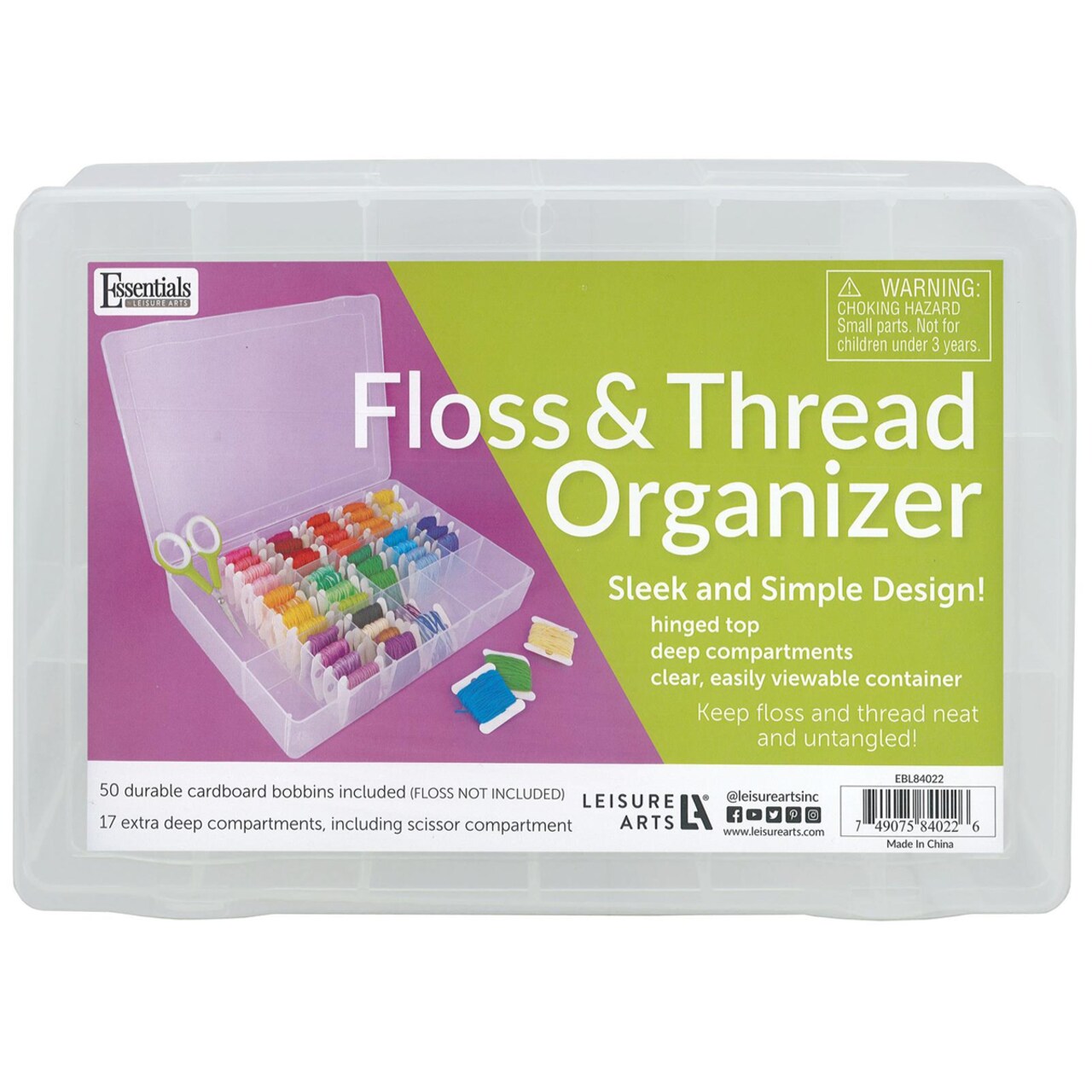 Essentials By Leisure Arts Floss Organizer Box with 17 Compartments and 100 Bobbins - Thread Organizer Storage Case for Embroidery Floss, Needlework, Sewing Tools